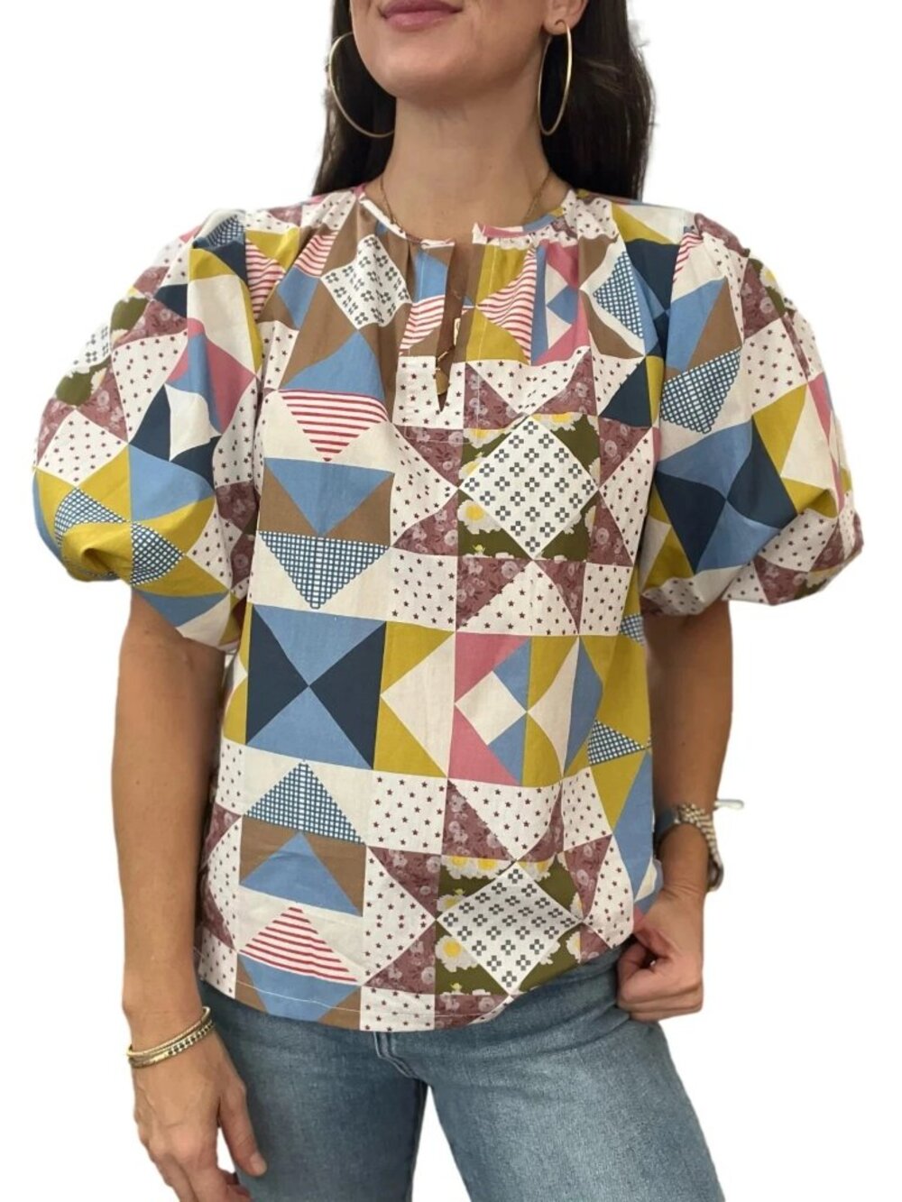 Brooke Wright Claudia Patchwork Quilt Print Top Sz M Puff Sleeve Cottagecore USA